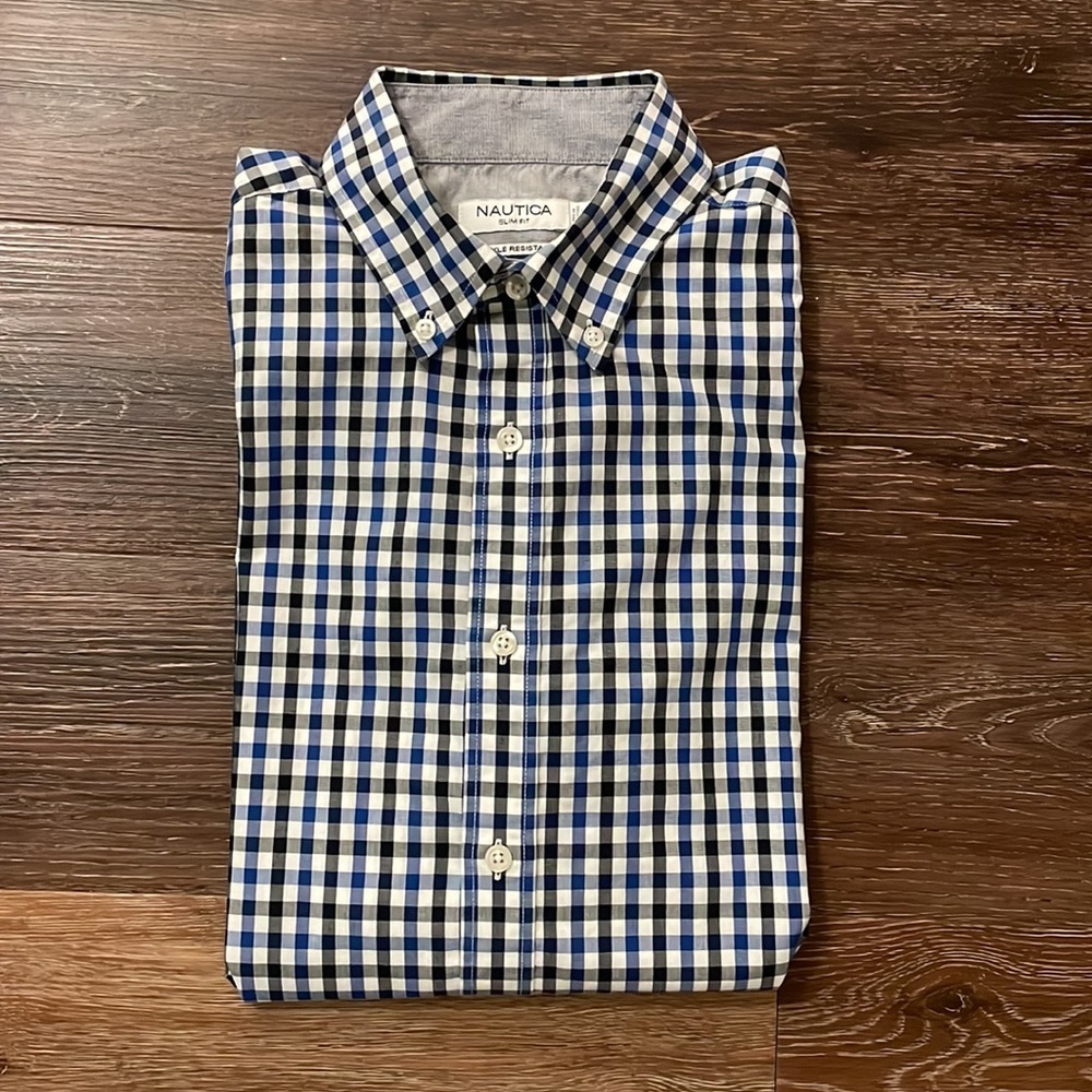 Nautica blue and black and white checkered button down